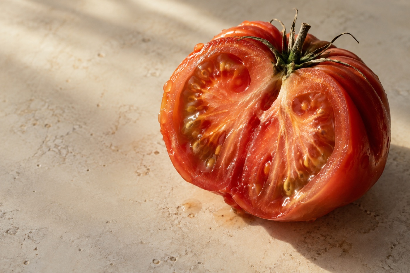 A ripe tomato cut open on a pale surface